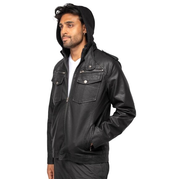 NWT X-RAY Black Jacket Leather PU Grainy Hooded Faux Shearling Lining  Pocket XL - Picture 2 of 9